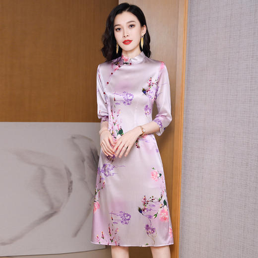 真丝改良旗袍，桑蚕丝年轻气质七分袖印花复古连衣裙KQN-27362 商品图1