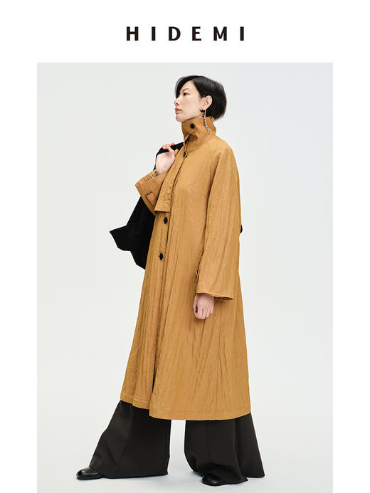 HIDEMI 简约微褶皱设计感廓形风衣 栗子色/黑色 商品图3