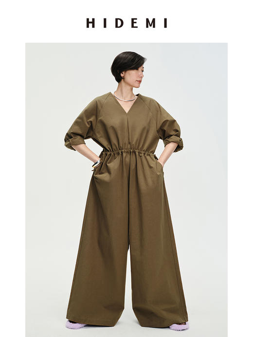 HIDEMI 铜绿色抽绳水洗棉设计感连体裤 商品图7