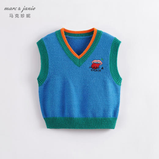 马克珍妮秋装新款 男童V领撞色柔蓝绒针织背心马甲221510 商品图0