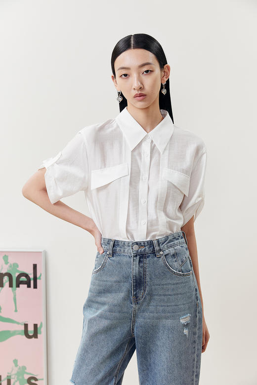 NEELLY纳俪夏季新款短袖衬衫时尚上衣小衫通勤高级感 商品图0