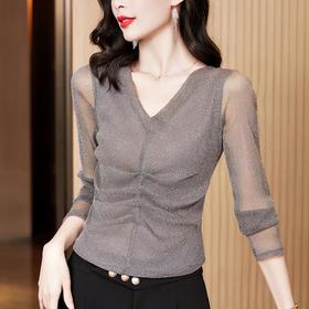 新款V领，洋气百搭亮丝褶皱网纱长袖打底衫修身显瘦T恤上衣KQL-2366