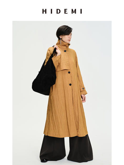 HIDEMI 简约微褶皱设计感廓形风衣 栗子色/黑色 商品图2