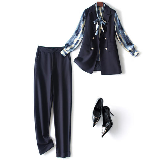 OLSZ60674新款时尚优雅气质缎面衬衫西装马甲西装裤三件套 商品图0