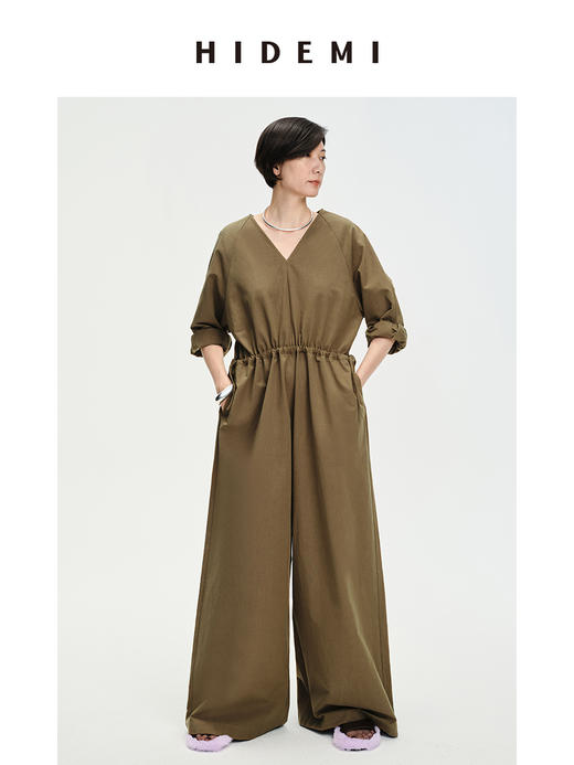 HIDEMI 铜绿色抽绳水洗棉设计感连体裤 商品图1