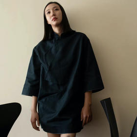 独立设计 · 中式茶服 不规则斜襟茧型黑色棉麻中式茶服连衣裙（48小时顺丰发货）