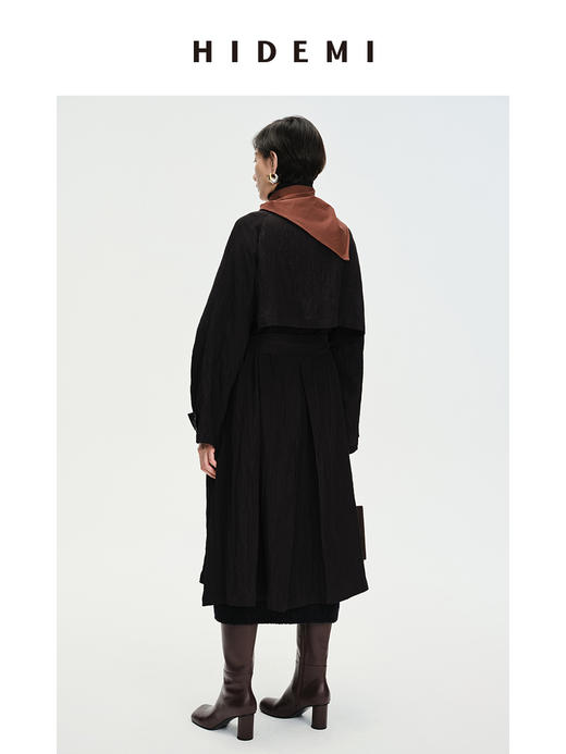HIDEMI 简约微褶皱设计感廓形风衣 栗子色/黑色 商品图12