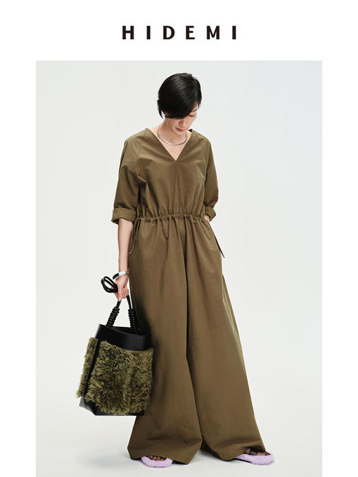 HIDEMI 铜绿色抽绳水洗棉设计感连体裤 商品图3