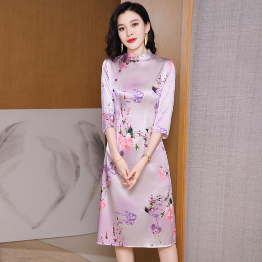 真丝改良旗袍，桑蚕丝年轻气质七分袖印花复古连衣裙KQN-27362 商品图2