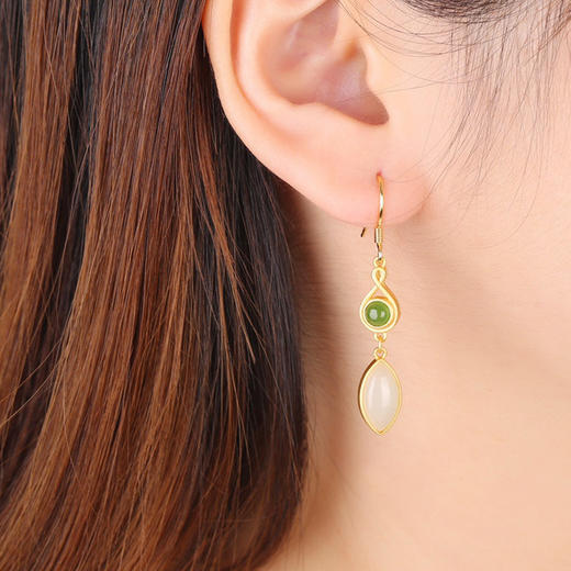 带证书和田玉耳环批发 古风设计925银镀金碧玉马眼玉石耳坠JX2464-6 商品图5