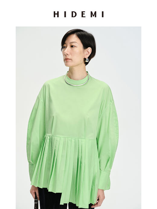 HIDEMI 极简廓形压褶不对称下摆娃娃衫式圆领衬衫 果绿/白色/黑色 商品图2