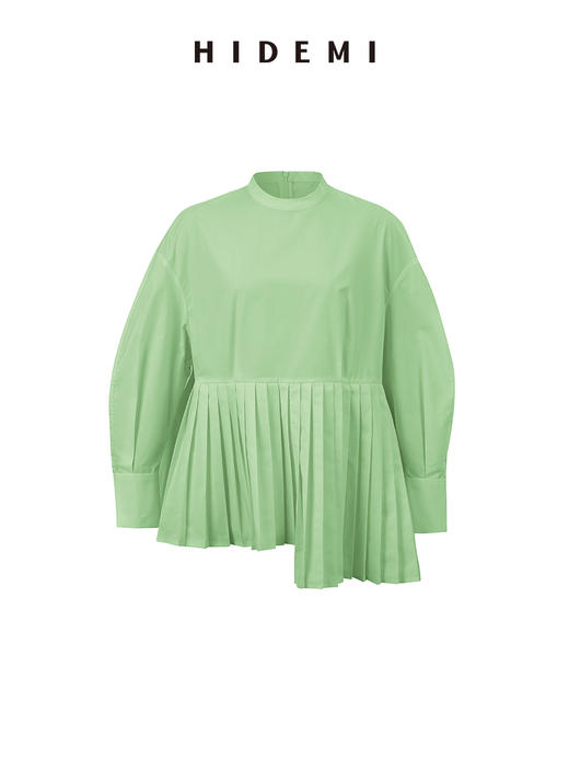 HIDEMI 极简廓形压褶不对称下摆娃娃衫式圆领衬衫 果绿/白色/黑色 商品图7