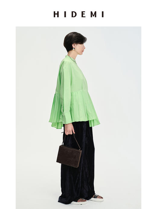 HIDEMI 极简廓形压褶不对称下摆娃娃衫式圆领衬衫 果绿/白色/黑色 商品图6