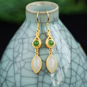 带证书和田玉耳环批发 古风设计925银镀金碧玉马眼玉石耳坠JX2464-6