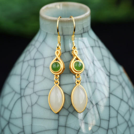 带证书和田玉耳环批发 古风设计925银镀金碧玉马眼玉石耳坠JX2464-6 商品图0