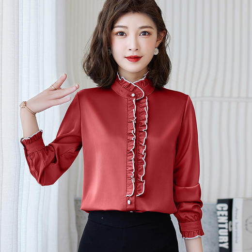 立领荷叶边衬衫，长袖早秋新款衬衣缎面妈妈打底上衣TR-5108 商品图1