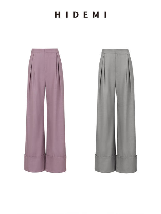 HIDEMI 简约设计感卷边直筒裤 灰色/藕粉色 商品图0