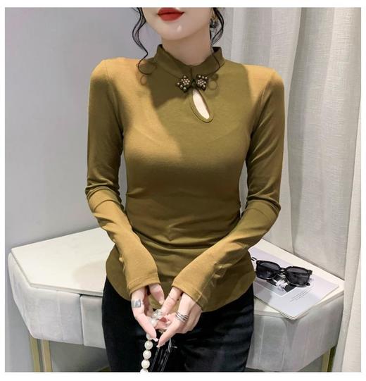 2022秋季新款时尚镂空国风旗袍扣长袖T恤修身百搭上衣打底衫KQL450H3810 商品图1