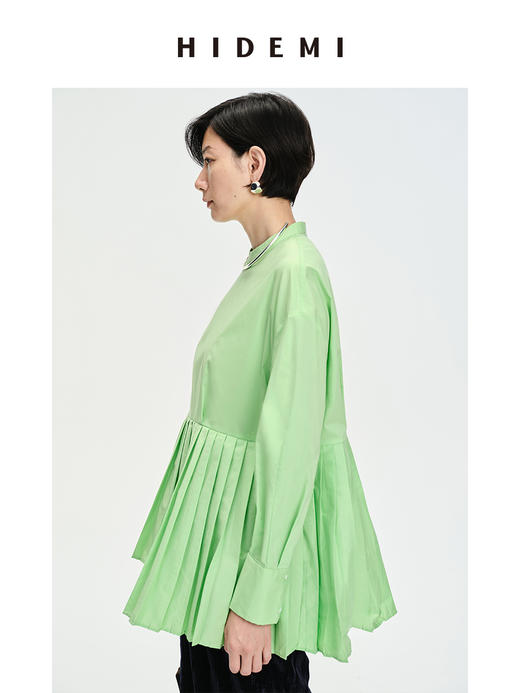 HIDEMI 极简廓形压褶不对称下摆娃娃衫式圆领衬衫 果绿/白色/黑色 商品图4