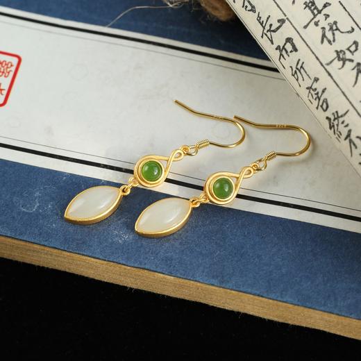 带证书和田玉耳环批发 古风设计925银镀金碧玉马眼玉石耳坠JX2464-6 商品图4