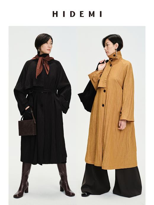 HIDEMI 简约微褶皱设计感廓形风衣 栗子色/黑色 商品图0