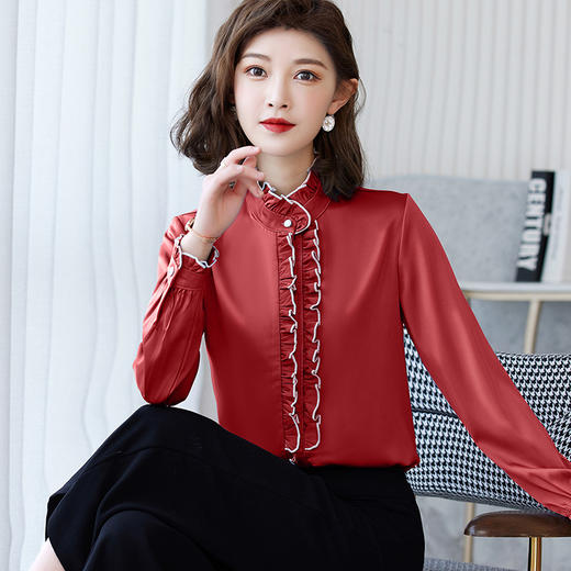 立领荷叶边衬衫，长袖早秋新款衬衣缎面妈妈打底上衣TR-5108 商品图3
