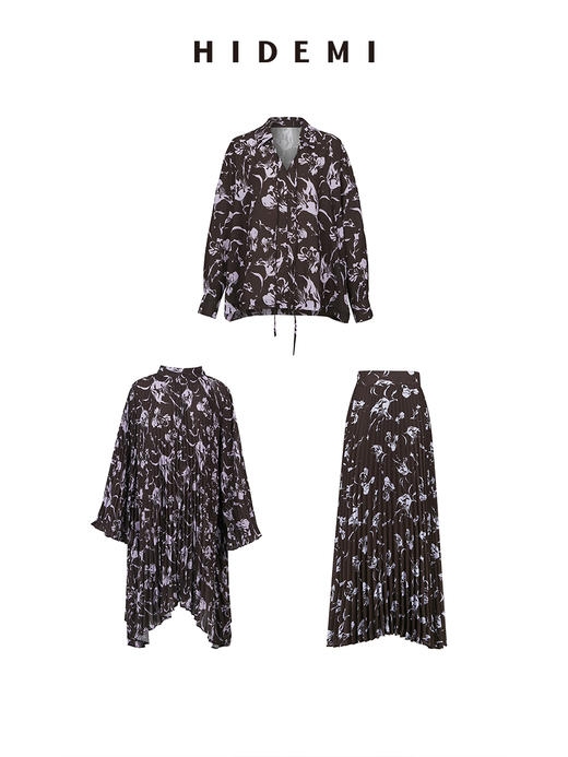 HIDEMI “我们做印花”系列限定棕紫色花卉三件套 连衣裙/衬衫/半裙 商品图14