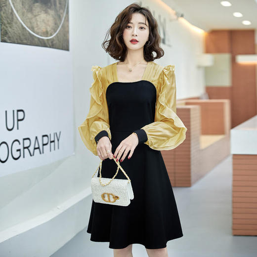 新款法式，名媛气质别致收腰显瘦中长裙拼接连衣裙HR-WHA0169 商品图5