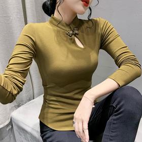 2022秋季新款时尚镂空国风旗袍扣长袖T恤修身百搭上衣打底衫KQL450H3810