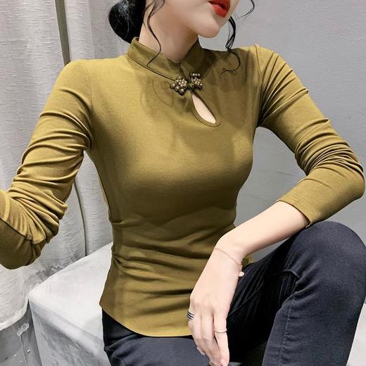 2022秋季新款时尚镂空国风旗袍扣长袖T恤修身百搭上衣打底衫KQL450H3810 商品图0