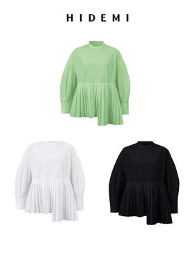 HIDEMI 极简廓形压褶不对称下摆娃娃衫式圆领衬衫 果绿/白色/黑色
