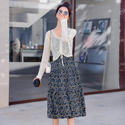 洋气减龄碎花雪纺，镂空针织衫吊带连衣裙套装HR-XMYR2255 商品图2
