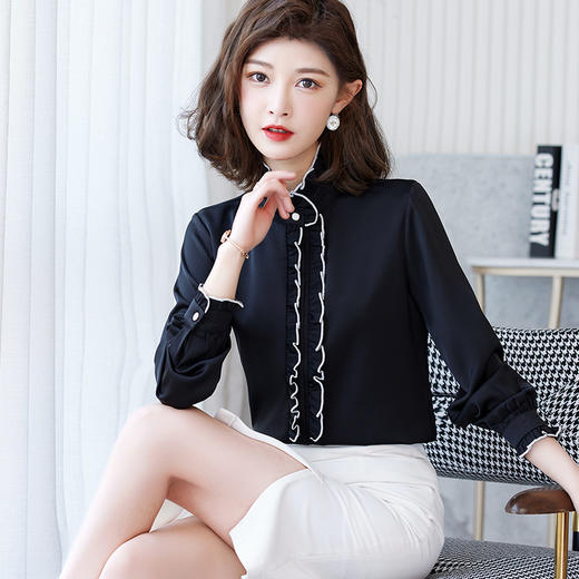 立领荷叶边衬衫，长袖早秋新款衬衣缎面妈妈打底上衣TR-5108 商品图2