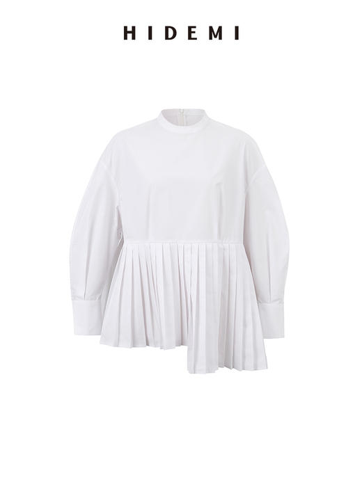 HIDEMI 极简廓形压褶不对称下摆娃娃衫式圆领衬衫 果绿/白色/黑色 商品图9