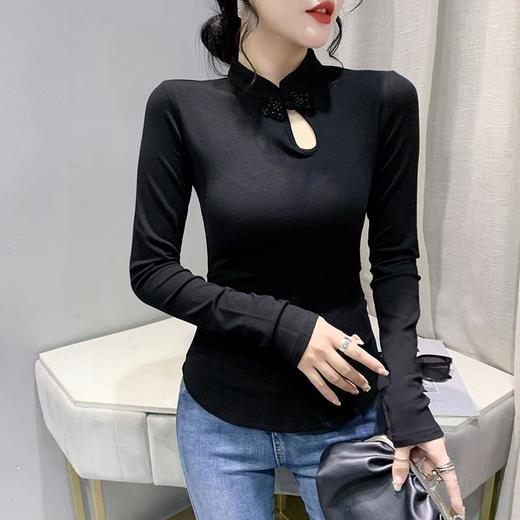 2022秋季新款时尚镂空国风旗袍扣长袖T恤修身百搭上衣打底衫KQL450H3810 商品图4
