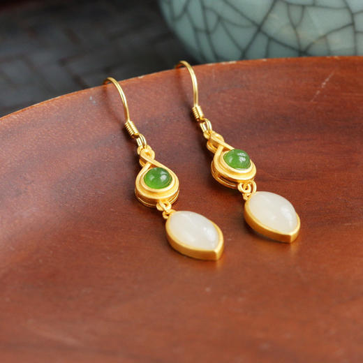 带证书和田玉耳环批发 古风设计925银镀金碧玉马眼玉石耳坠JX2464-6 商品图1