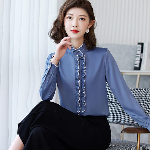 立领荷叶边衬衫，长袖早秋新款衬衣缎面妈妈打底上衣TR-5108 商品图0