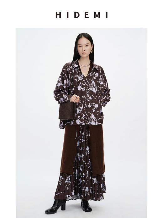 HIDEMI “我们做印花”系列限定棕紫色花卉三件套 连衣裙/衬衫/半裙 商品图11