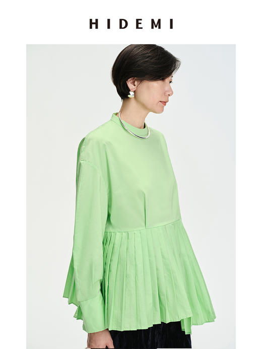 HIDEMI 极简廓形压褶不对称下摆娃娃衫式圆领衬衫 果绿/白色/黑色 商品图5