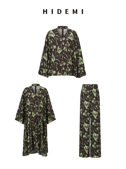 HIDEMI “我们做印花”系列限定棕绿色花卉镂空V领设计感三件套 连衣裙/衬衫/长裤 商品图14