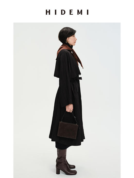 HIDEMI 简约微褶皱设计感廓形风衣 栗子色/黑色 商品图10