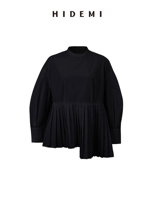 HIDEMI 极简廓形压褶不对称下摆娃娃衫式圆领衬衫 果绿/白色/黑色 商品图8