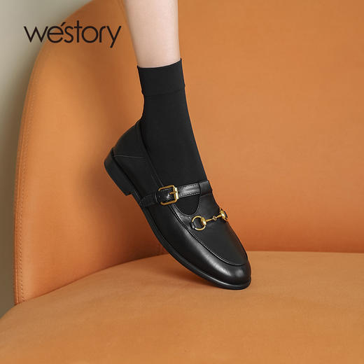 westory百搭通勤真皮圆头复古平底玛丽珍小皮鞋女22年新款72541 商品图1