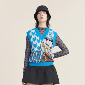 谜底2022秋新款学院风V领爱心提花无袖针织马甲背心女223MZ1343