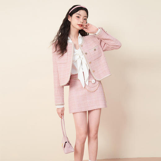 【拼】西遇粉色小香风套装女新款温柔气质名媛风短款上衣外套11721384X 商品图0