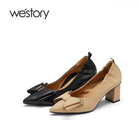 westory蝴蝶结粗跟英伦风通勤粗中跟单鞋女百搭22年秋季新款72711