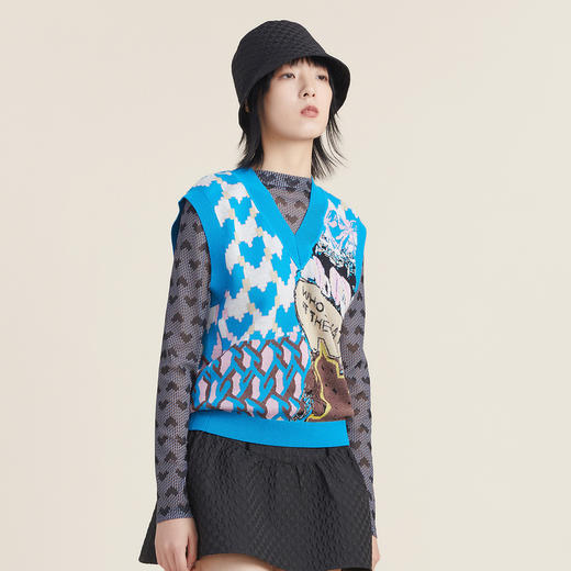 谜底2022秋新款学院风V领爱心提花无袖针织马甲背心女223MZ1343 商品图3