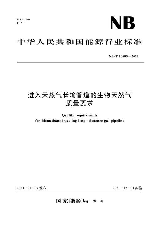 进入天然气长输管道的生物天然气质量要求（NB/T 10489-2021） 商品图0