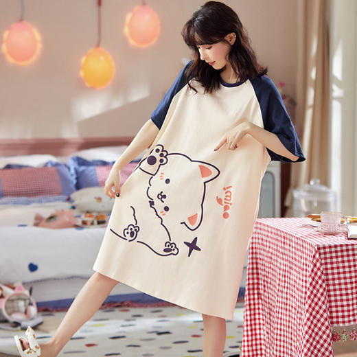 【买一送一，甜美卡通少女睡衣】冰丝睡裙女夏季女士宽松短袖睡衣学生家居服 商品图5