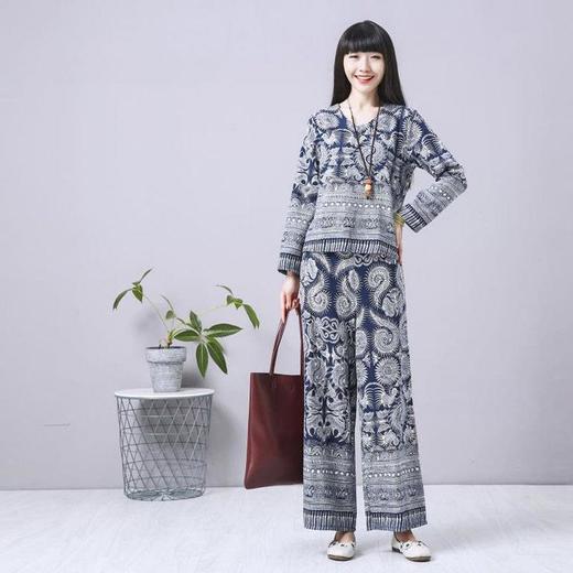 民族风棉麻套装女2022春季新款大码复古文艺印花显瘦两件套女装潮HY-套装 商品图2